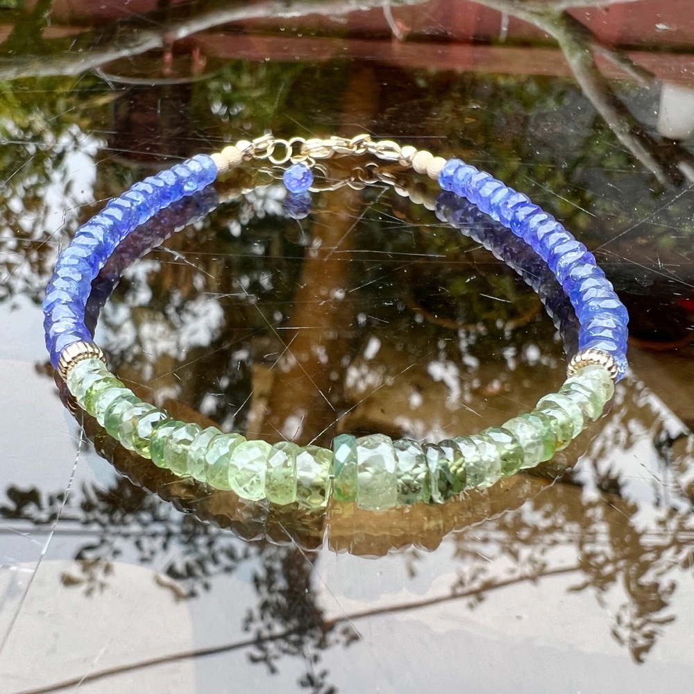 14K Yellow Gold Natural Tanzanite Green Sapphire Bracelet  , September December